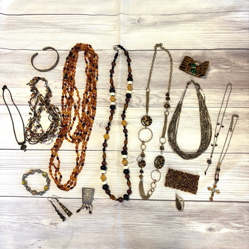 Lot of Warm Tone Fall Jewelry 15 Pieces Necklaces Earrings Bracelets Brooch